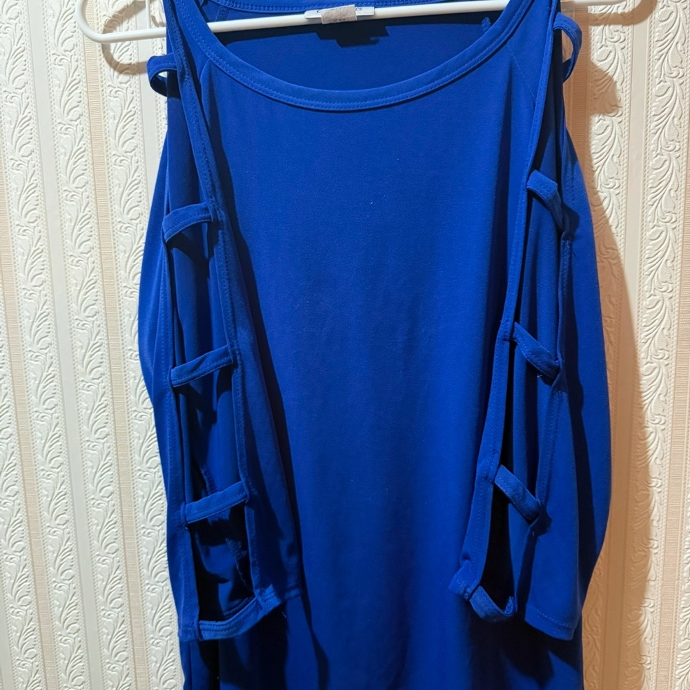 Size XL Cobalt Blue Silky Top with spliced 3/4 Length Sleeves.
